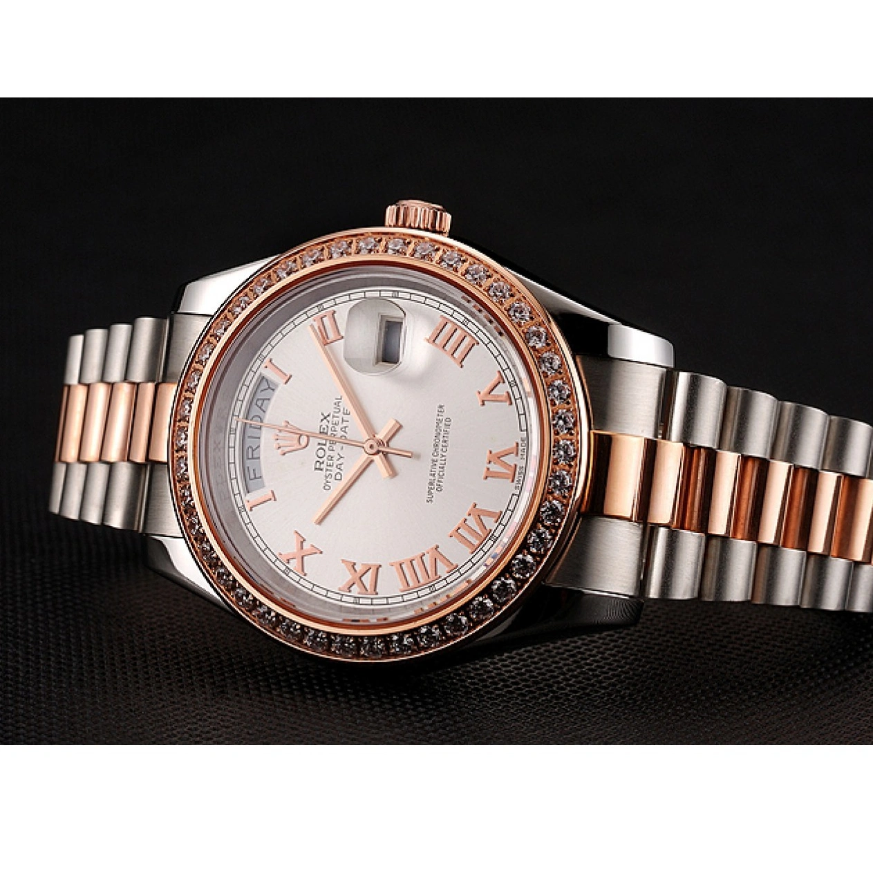 Rolex copies cheap Staineless Bracelet Rolex Dial Swiss Gold 1454108 Day-Date Diamonds White Rose Bezel And Steel 1015